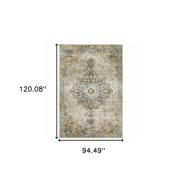 8' x 10' Oriental Power Loom Stain Resistant Area Rug - Gray Blue Beige And Gold