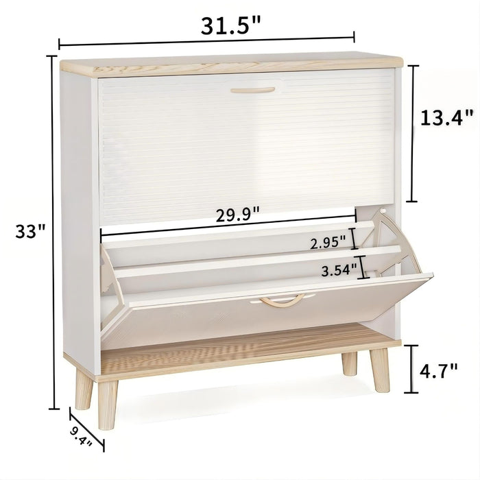 Giga narrow entryway shoe storage cabinet with two flip drawers, natural and white finish, on wooden legs.