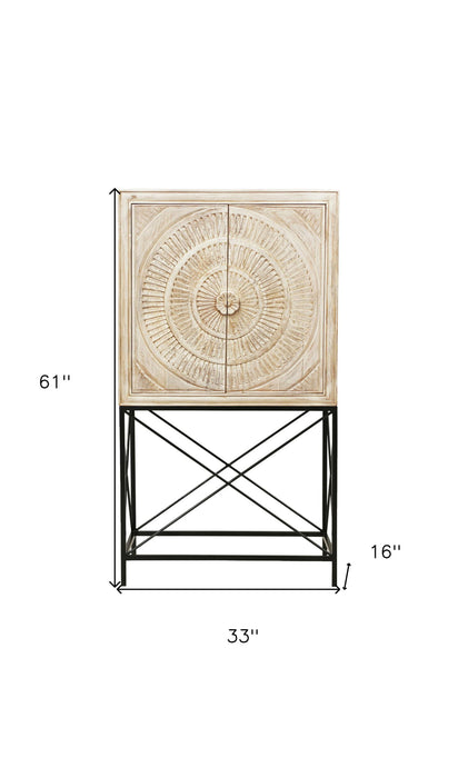 Solid Wood Two Door Floral Carved Wine Cabinet - Distressed White