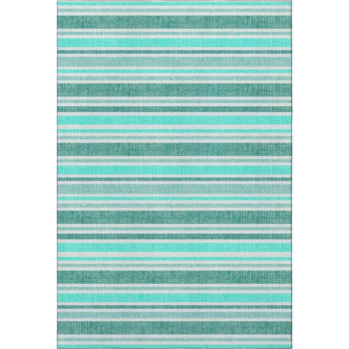 9' X 12' Striped Washable Area Rug With UV Protection (647889) - Turquoise / Ivory
