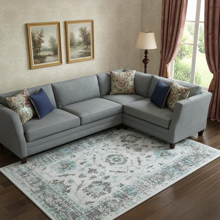 10' X 14' Oriental Washable Area Rug With UV Protection (709902) - Teal / Gray / Charcoal