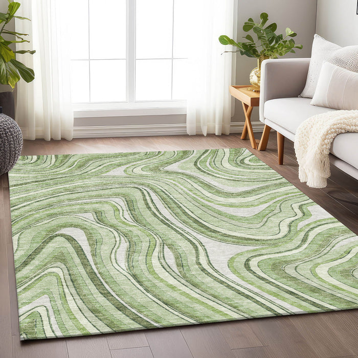 10' X 14' Marble Washable Area Rug With UV Protection - Artichoke Green And Ivory