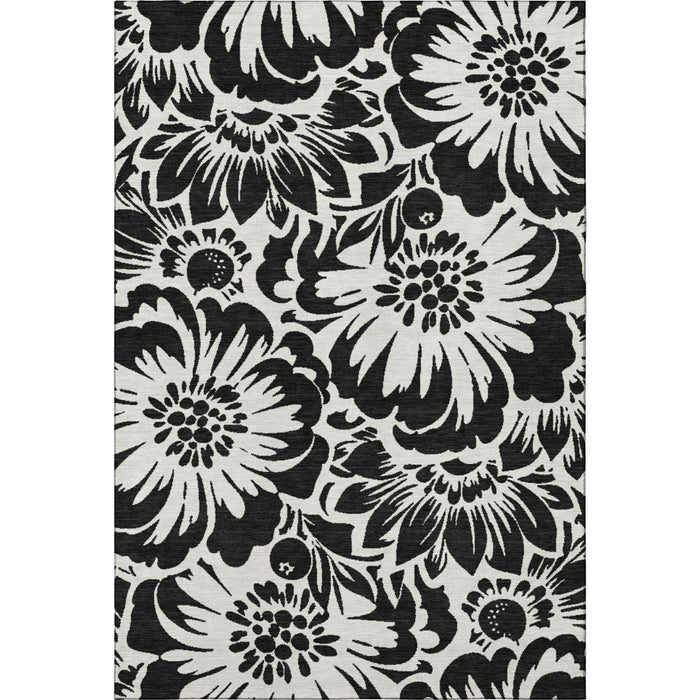 9' X 12' Floral Washable Area Rug With UV Protection (648621) - Black / Ivory