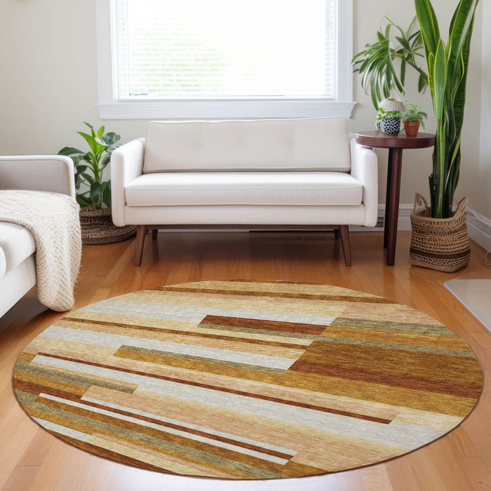 8' Transitional Striped Washable Round Rug With UV Protection - Rust