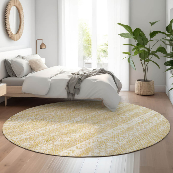8' Southwestern Washable Round Rug With UV Protection - Gold And Beige
