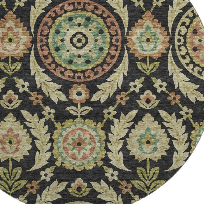 8' Copper Floral Washable Round Rug With UV Protection - Black