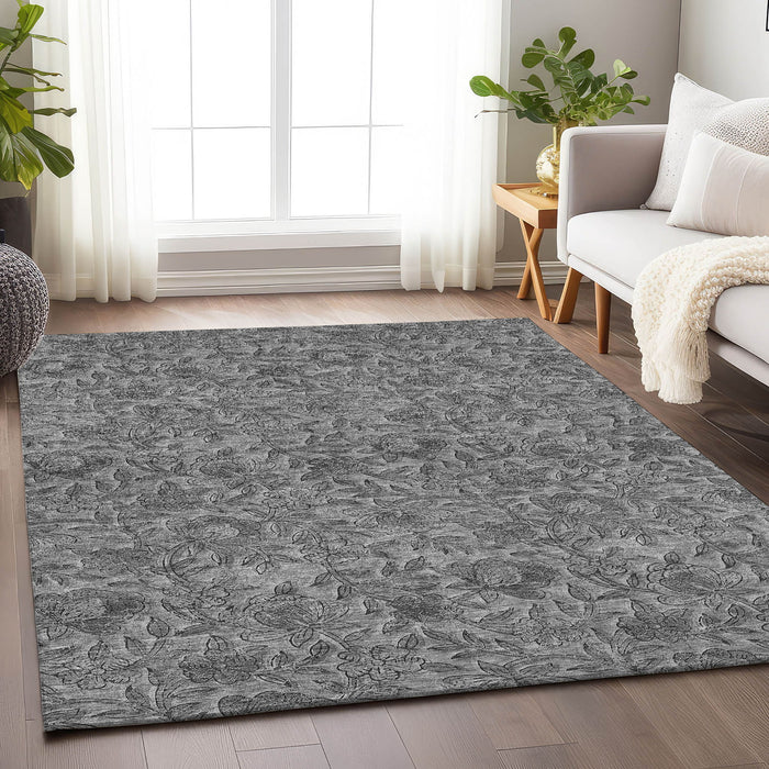 8' X 10' Floral Washable Area Rug With UV Protection - Gray And Charcoal