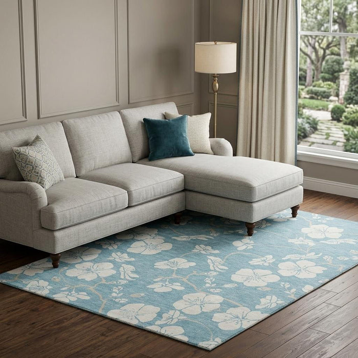 10' X 14' Floral Washable Area Rug With UV Protection (681077) - Sky Blue / Ivory