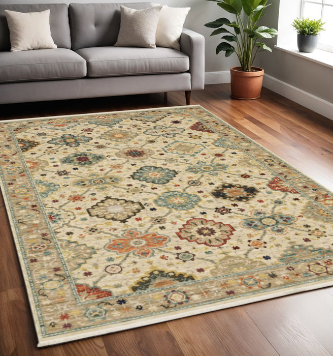 5' x 8' Oriental Power Loom Stain Resistant Area Rug With Fringe - Beige Pale Blue Rust Gold Tan Brown And Orange