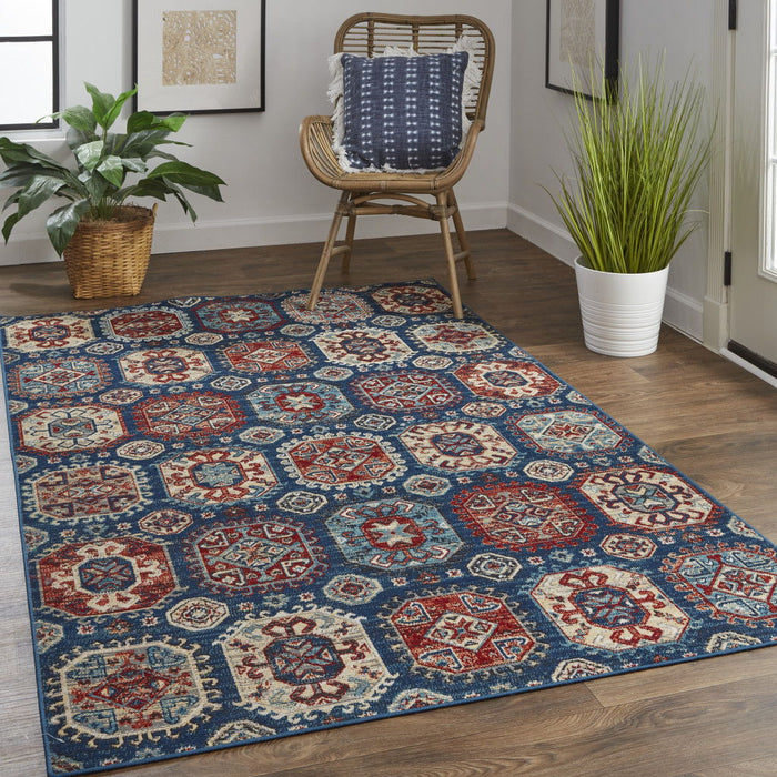 10' x 13' Abstract Power Loom Distressed Stain Resistant Area Rug - Blue Red And Tan