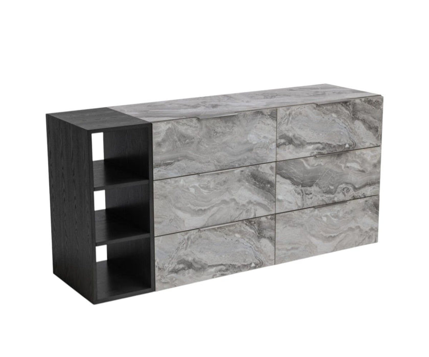 Faux Marble And Black Wood Six Drawer Double Dresser - Gray