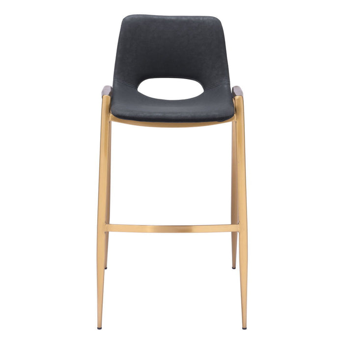 Set of 2 black faux leather and steel low back bar chairs with gold accents, ideal for bar height seating.