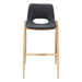 Set of 2 black faux leather and steel low back bar chairs with gold accents, ideal for bar height seating.