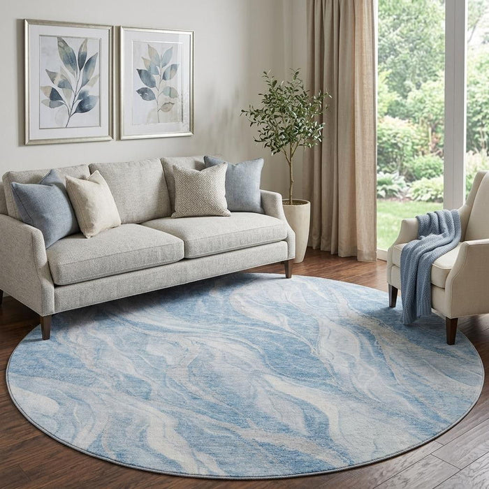 8' Abstract Washable Round Rug With UV Protection (657578) - Blue / Ivory
