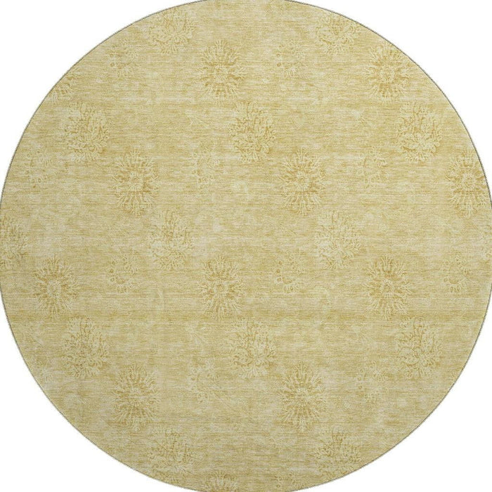 8' Floral Washable Round Rug With UV Protection - Gold And Ivory