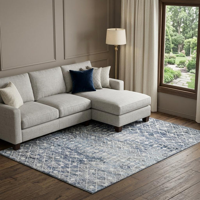 10' X 14' Geometric Washable Area Rug With UV Protection (695642) - Blue / Ivory / Gray