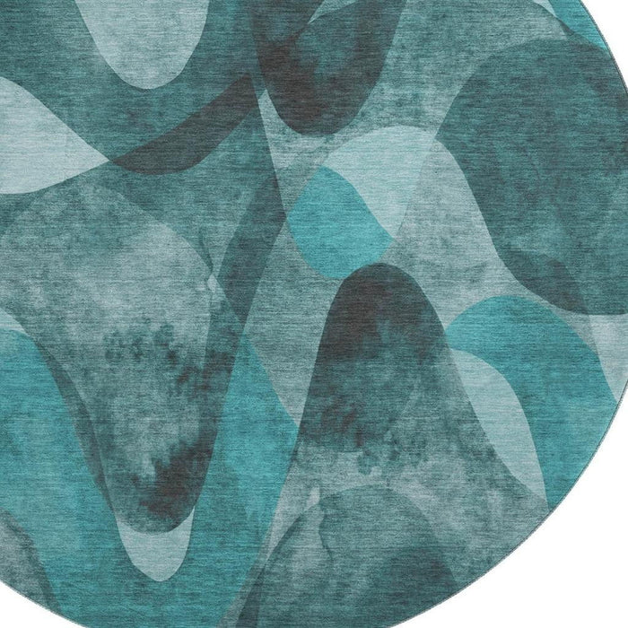 8' Abstract Washable Round Rug With UV Protection (648103) - Teal / Ivory