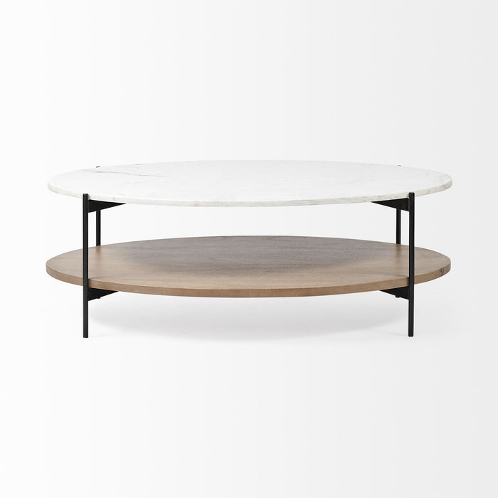 Oval Marble Top And Black Metal Base Coffee Table W Wood Shelf - White