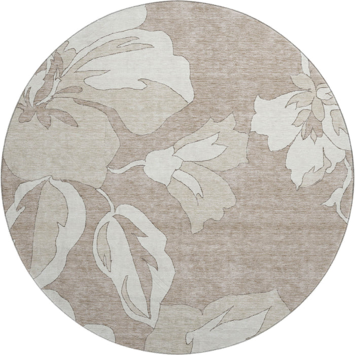 8' Floral Washable Round Rug With UV Protection (668014) - Taupe / Ivory