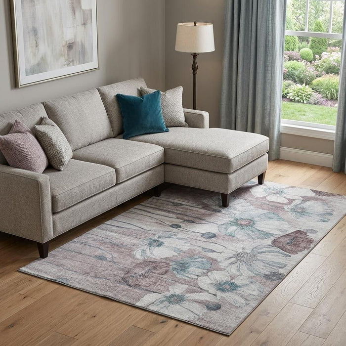 10' X 14' Floral Washable Area Rug With UV Protection (657329) - Teal / Mauve / Ivory