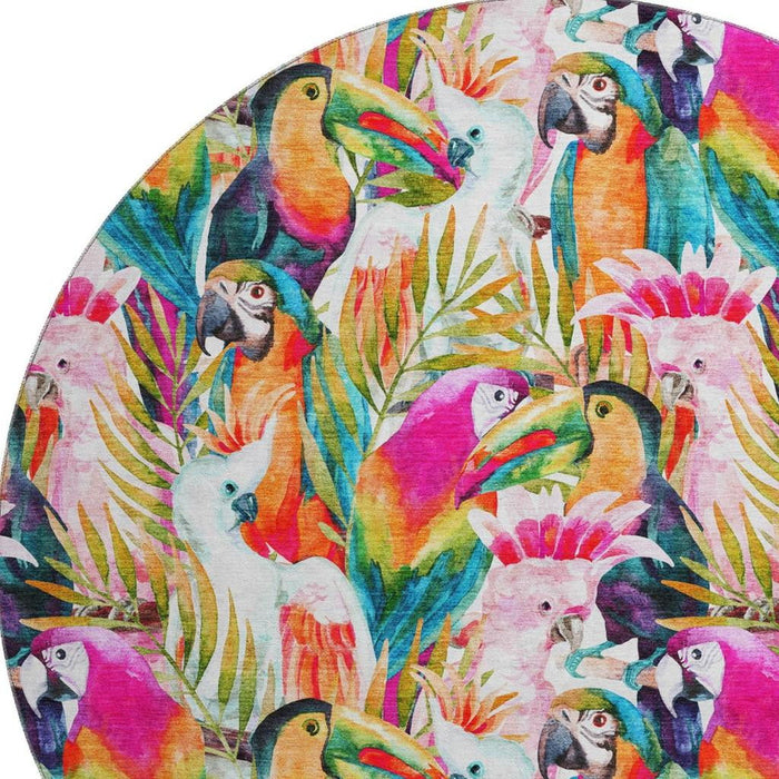 8' Geometric Washable Round Rug With UV Protection (646334) - Rainbow / Ivory