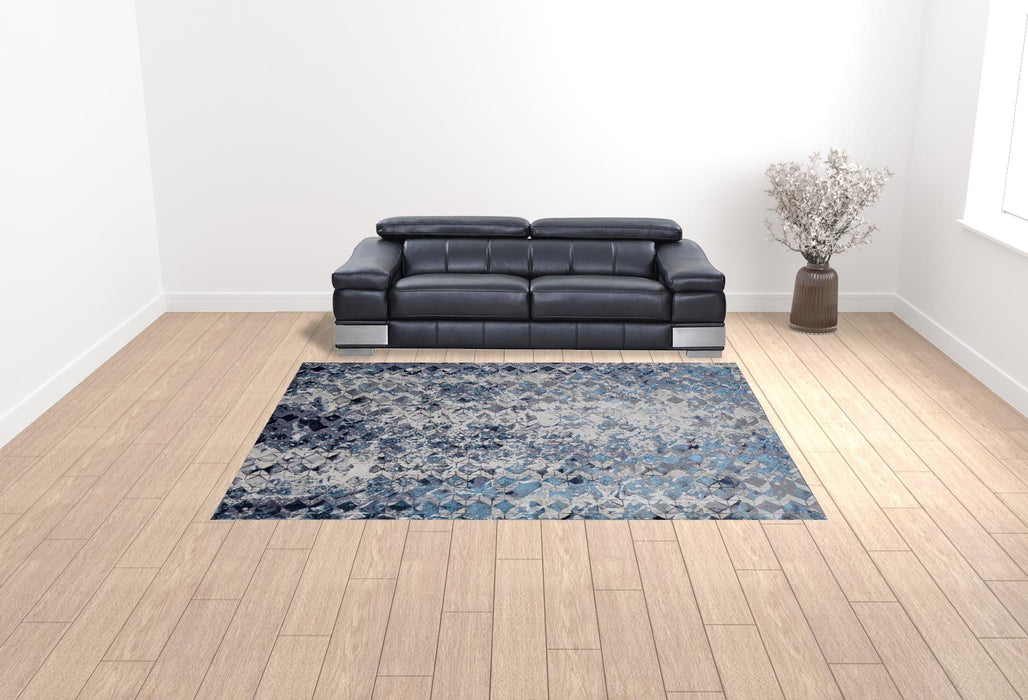 9' x 12' Geometric Power Loom Distressed Area Rug - Blue Ivory And Gray