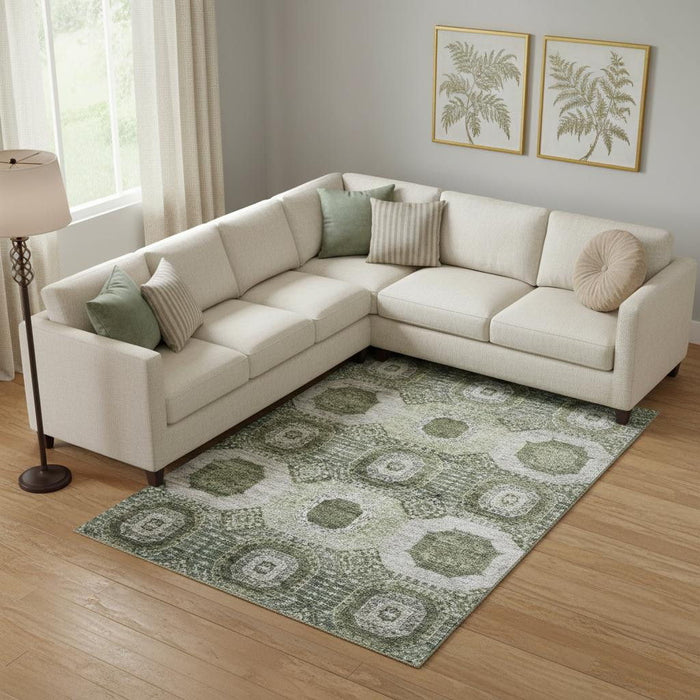 10' X 14' Abstract Geometric Washable Area Rug With UV Protection (708313) - Olive Green / Beige