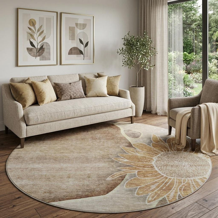 8' Floral Washable Round Rug With UV Protection (656786) - Brown / Beige