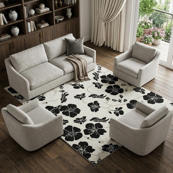 10' X 14' Floral Washable Area Rug With UV Protection (681161) - Ivory / Black