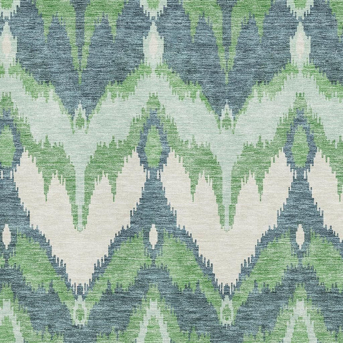 9' X 12' Ikat Washable Area Rug With UV Protection - Green And Ivory