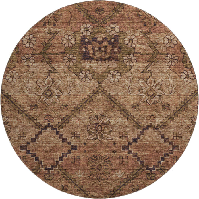 8' Floral Washable Round Rug With UV Protection (667255) - Rust / Copper