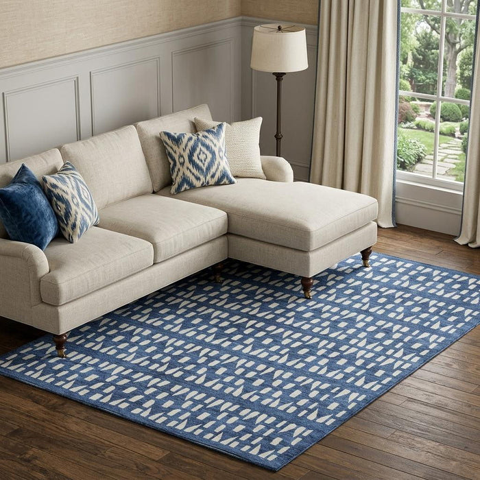 10' X 14' Geometric Washable Area Rug With UV Protection (676284) - Navy Blue / Ivory