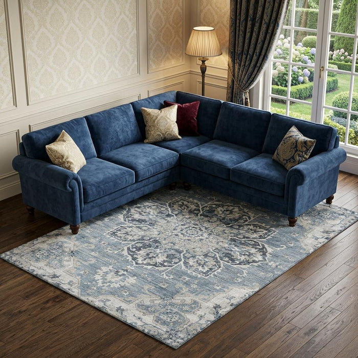 10' X 14' Floral Medallion Distressed Washable Area Rug With UV Protection (644544) - Blue / Ivory / Gray