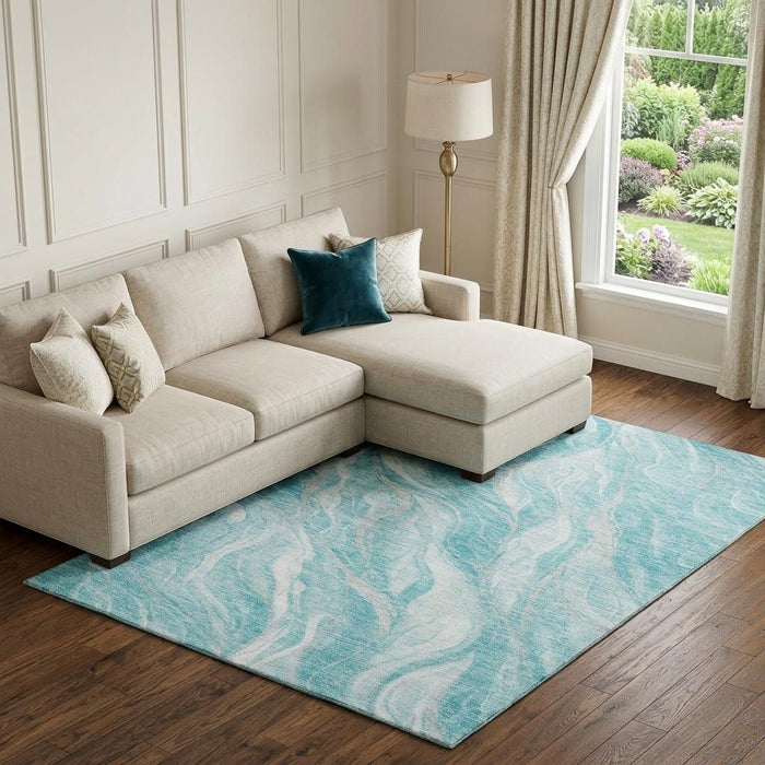 10' X 14' Abstract Washable Area Rug With UV Protection (657599) - Teal / Ivory