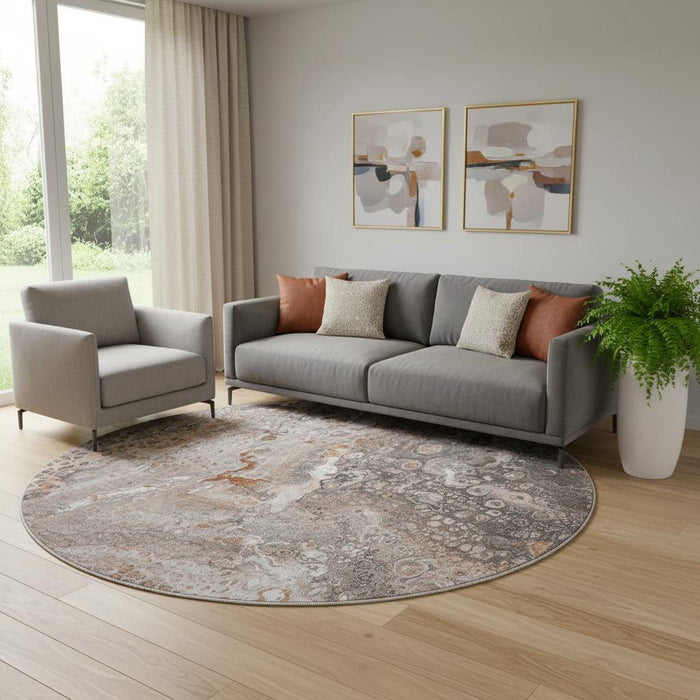 8' Abstract Washable Round Rug With UV Protection (650449) - Terra Cotta / Ivory / Gray