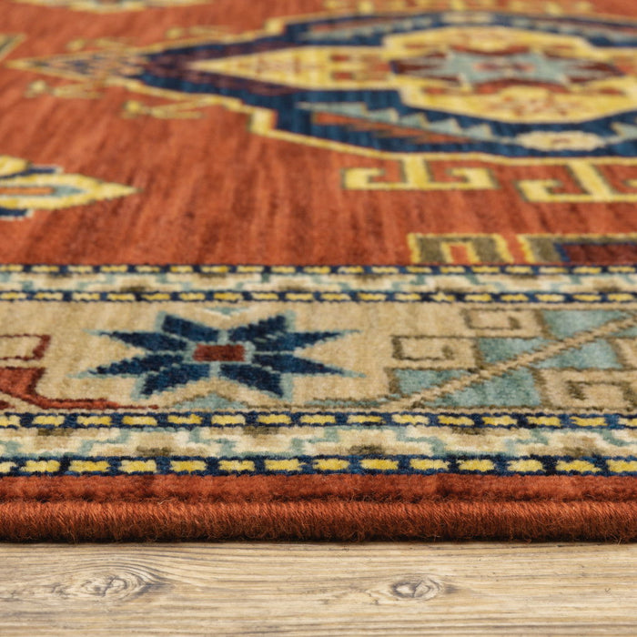 10' x 13' Oriental Power Loom Stain Resistant Area Rug With Fringe - Red Gold Blue Brown