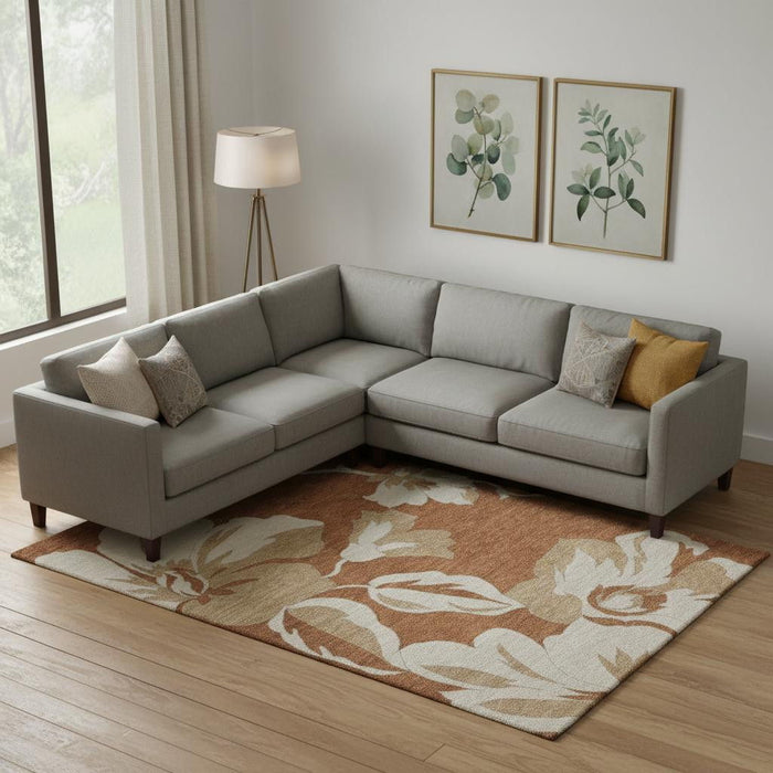 10' X 14' Floral Washable Area Rug With UV Protection (668029) - Terra Cotta / Beige