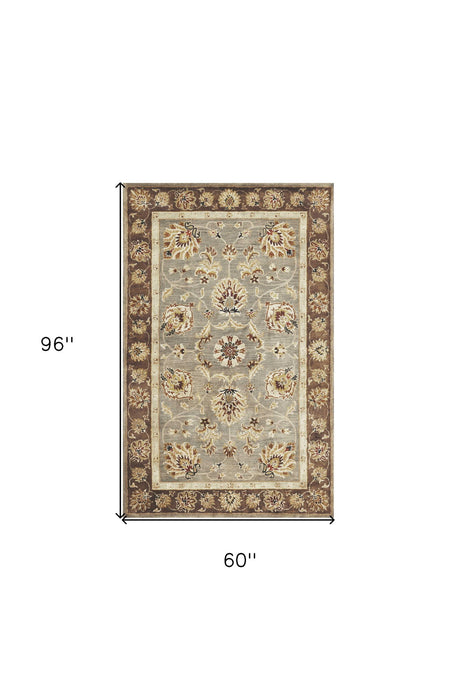 5' x 8' Floral Bordered Wool Indoor Area Rug - Gray Or Mocha