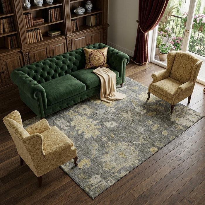 10' X 14' Floral Washable Area Rug With UV Protection (684522) - Gray / Gold / Beige