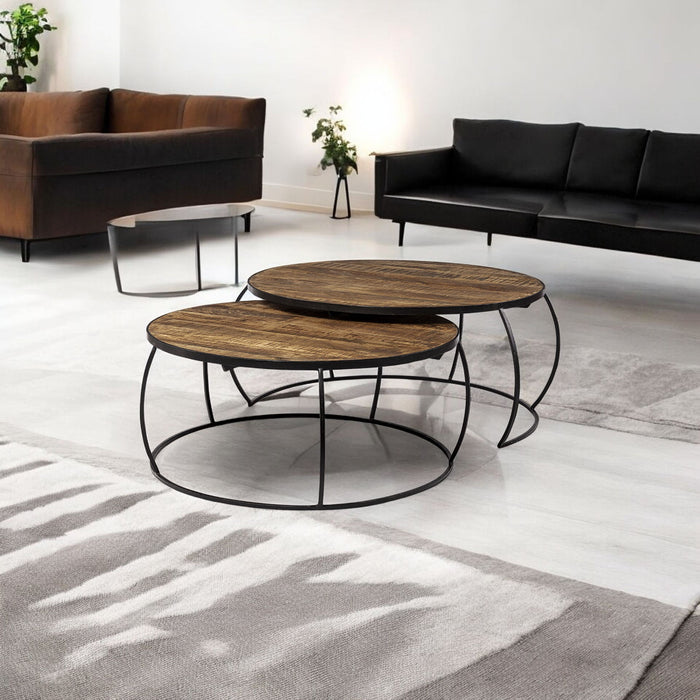 Wood And Metal Round Nested Coffee Tables - Dark Brown