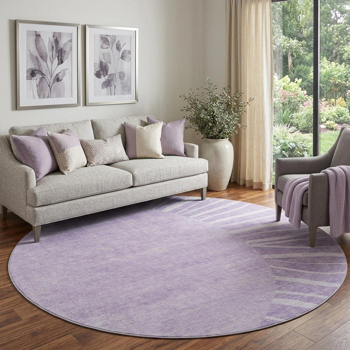 8' Abstract Washable Round Rug With UV Protection (655388) - Lavender / Ivory