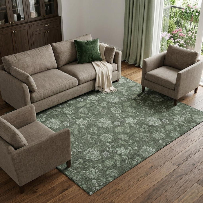 10' X 14' Floral Washable Area Rug With UV Protection (655932) - Olive Green / Gray