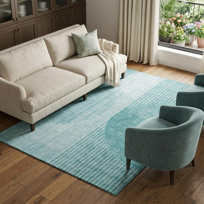10' X 14' Geometric Washable Area Rug With UV Protection (655752) - Teal / Ivory