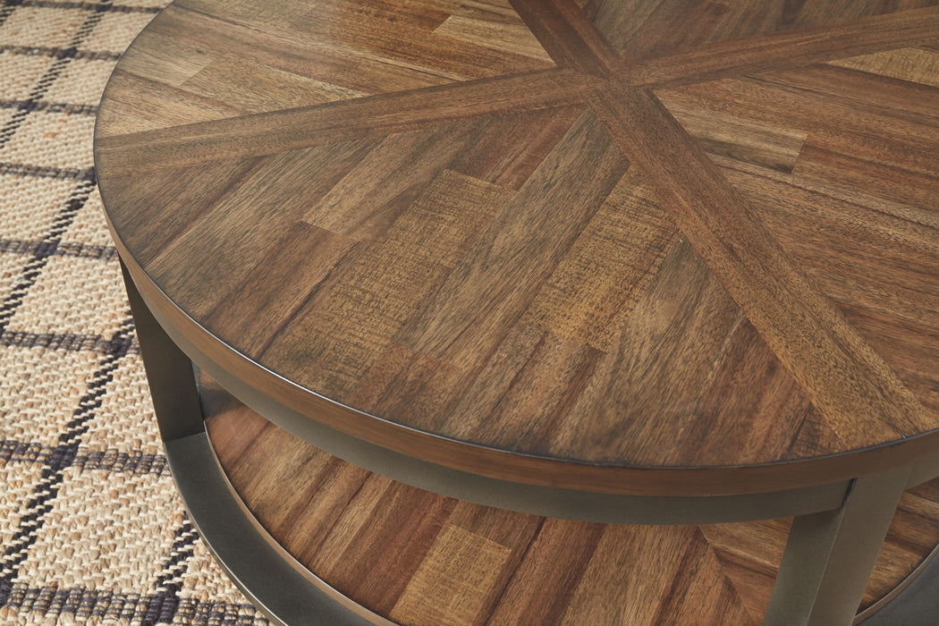 Set of three Roybeck occasional tables by Signature Design Ashley in light brown and bronze finish, showcasing sleek modern table designs.