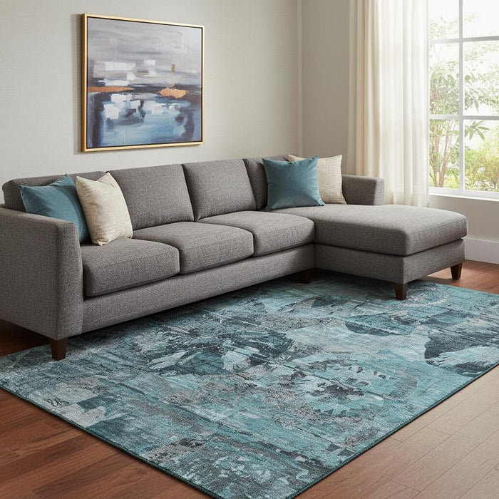 9' X 12' Abstract Washable Area Rug With UV Protection (648879) - Teal / Gray