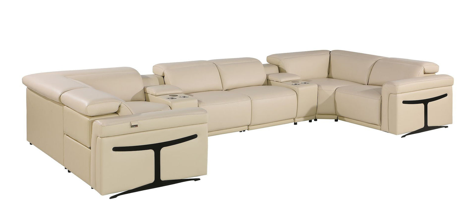 Power Reclining Italian Leather Eight Piece Corner Sectional With Console - Beige