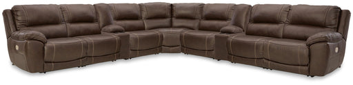 Dunleith 9-piece chocolate reclining sectional sofa by Signature Design by Ashley, showing plush cushions and reclining features.