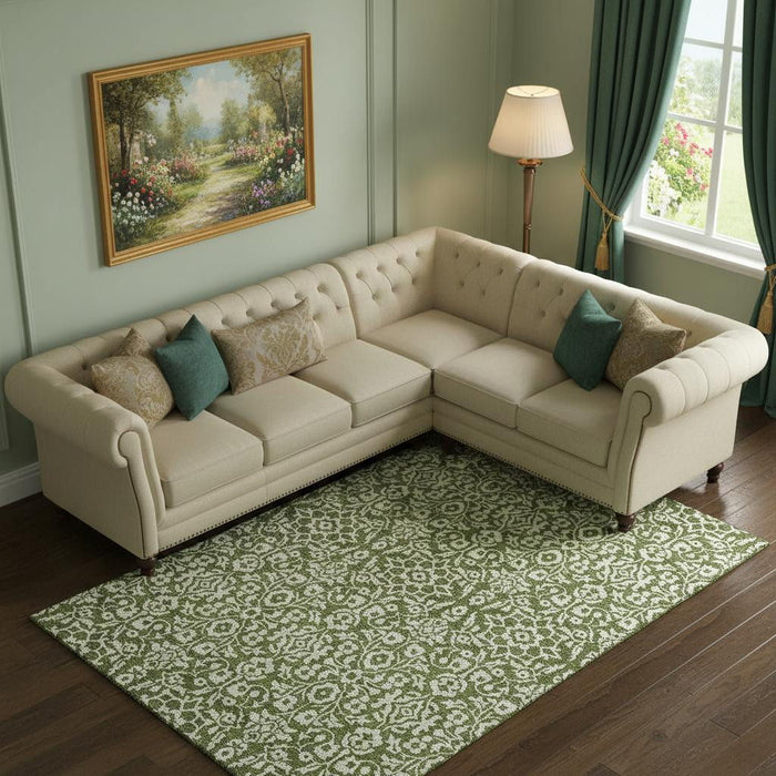 10' X 14' Damask Washable Area Rug With UV Protection (673157) - Olive Green / Ivory