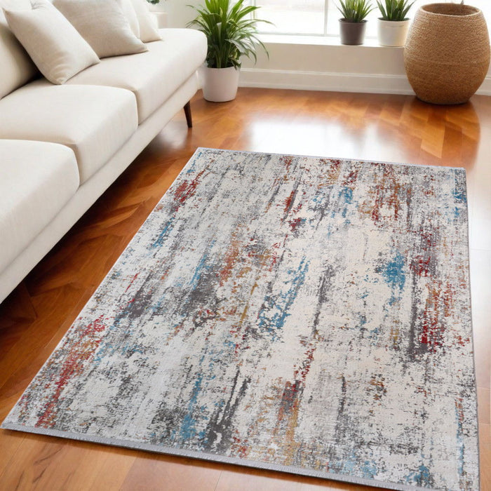 5' X 8' Abstract Power Loom Area Rug With Fringe - Gray / Red