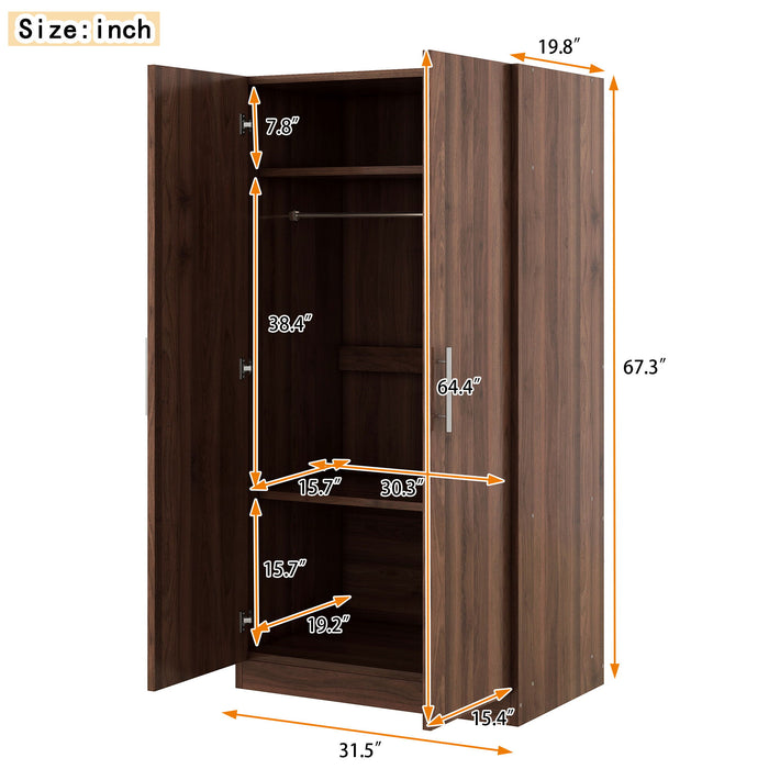 Brown Giga 2-door wooden wardrobe armoire with three storage shelves, showcasing a sturdy design and spacious interior.